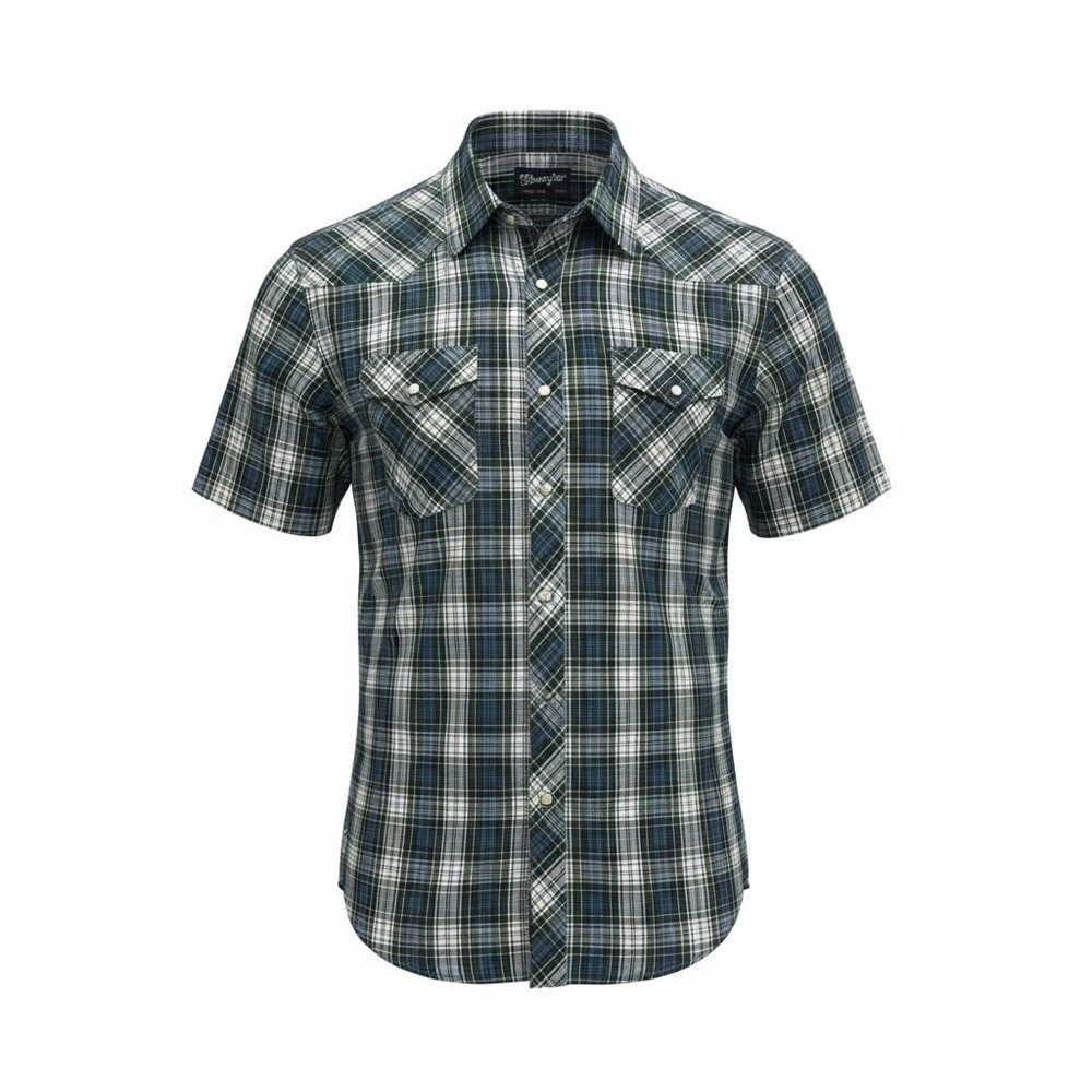 Wrangler Western Plaid Shirt Mens XL Long Tails 17.5 Short Sleeve Snap Front - Picture 2 of 12